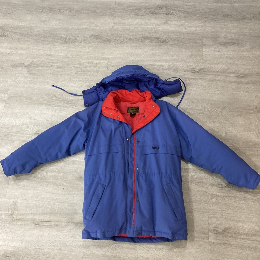 Eddie Bauer Outdoor Blue Jacket Hood Full Button and Zip up Red Inner Lining Med